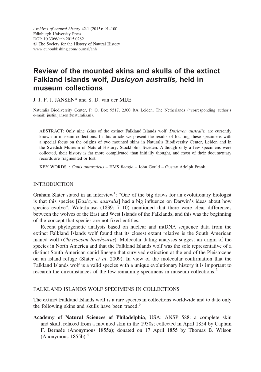 Pdf Review Of The Mounted Skins And Skulls Of The Extinct Falkland Islands Wolf Dusicyon Australis Held In Museum Collections