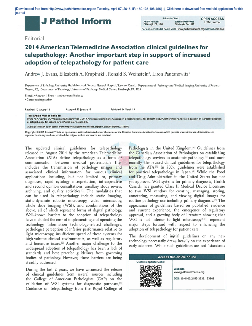 Pdf 2014 American Telemedicine Association Clinical Guidelines For Telepathology Another Important Step In Support Of Increased Adoption Of Telepathology For Patient Care