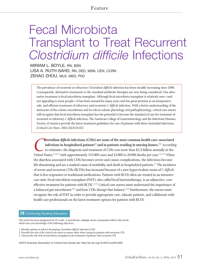 Pdf Fecal Microbiota Transplant To Treat Recurrent Clostridium Difficile Infections 1502