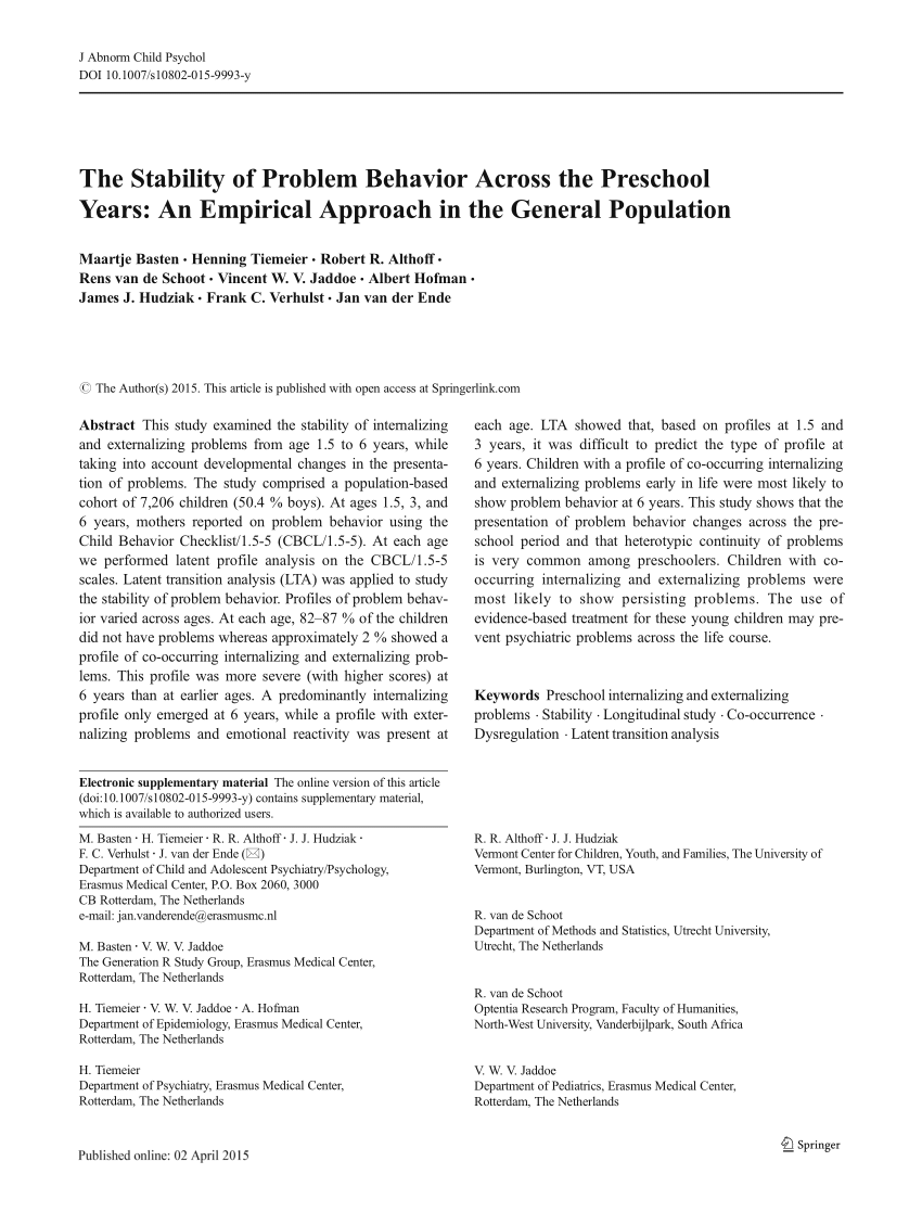 Pdf The Stability Of Problem Behavior Across The Preschool Years An Empirical Approach In The General Population