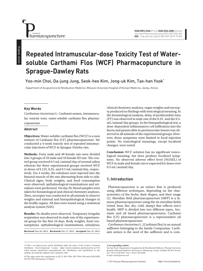 Pdf Repeated Intramuscular Dose Toxicity Test Of Watersoluble Carthami Flos Wcf Pharmacopuncture In Sprague Dawley Rats
