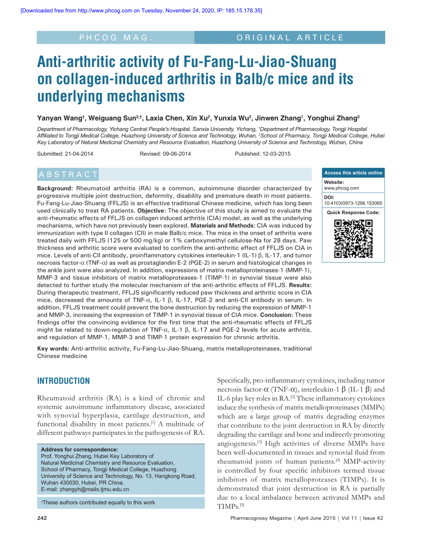 Pdf Anti Arthritic Activity Of Fu Fang Lu Jiao Shuang On Collagen Induced Arthritis In Balbc 3884