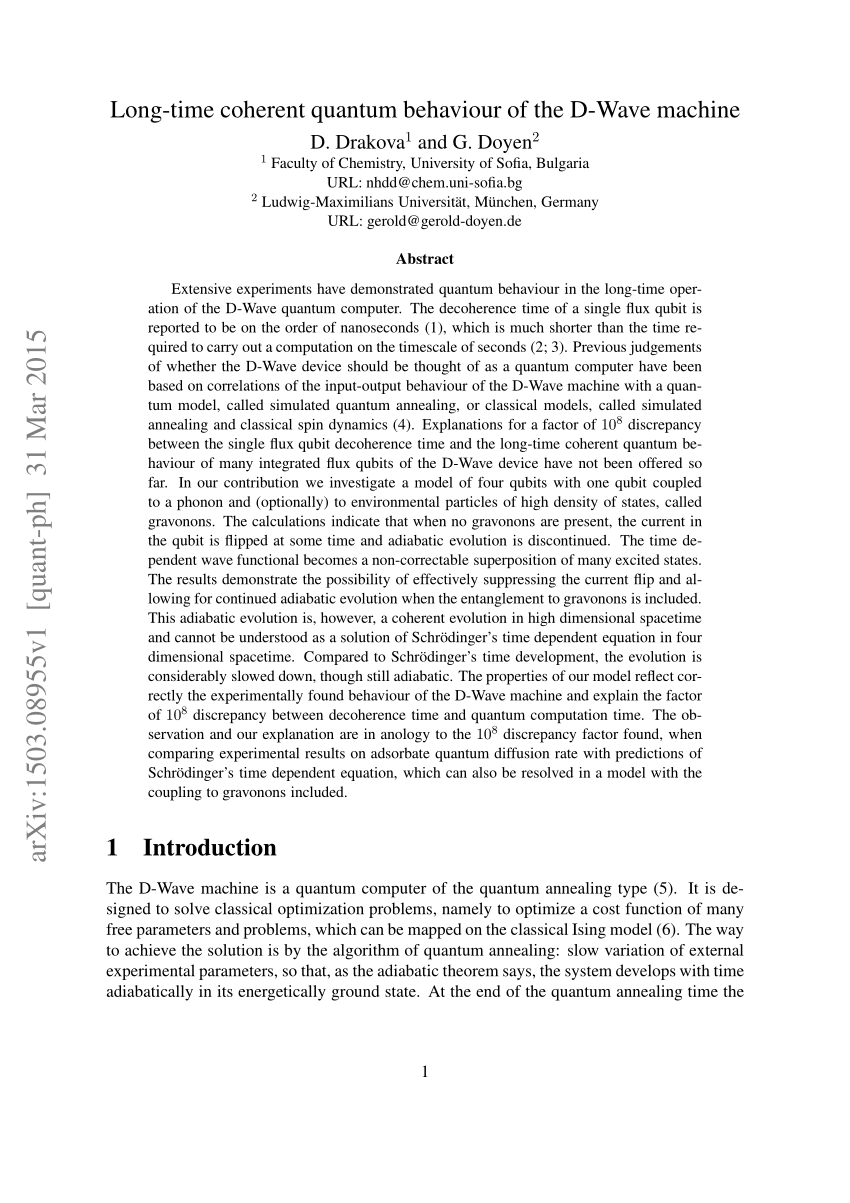 Pdf Long Time Coherent Quantum Behaviour Of The D Wave Machine