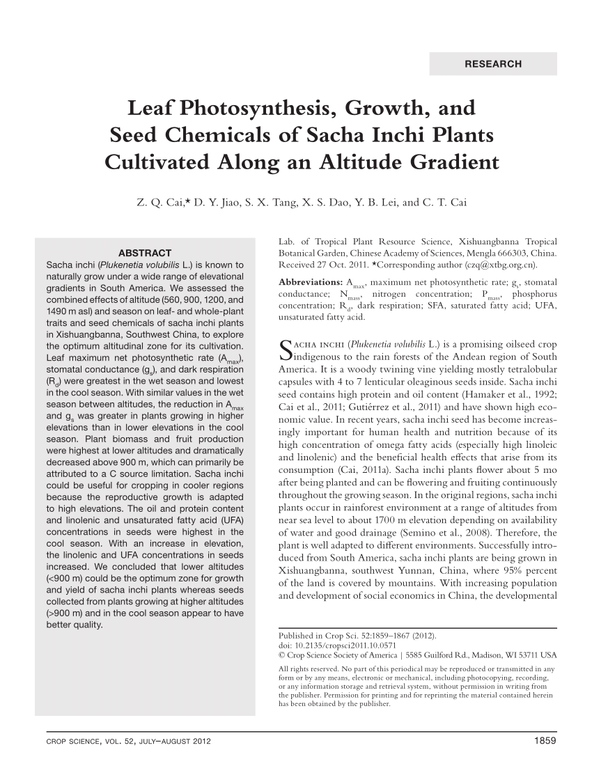 Pdf Leaf Photosynthesis Growth And Seed Chemicals Of Sacha Inchi Plants Cultivated Along An Altitude Gradient