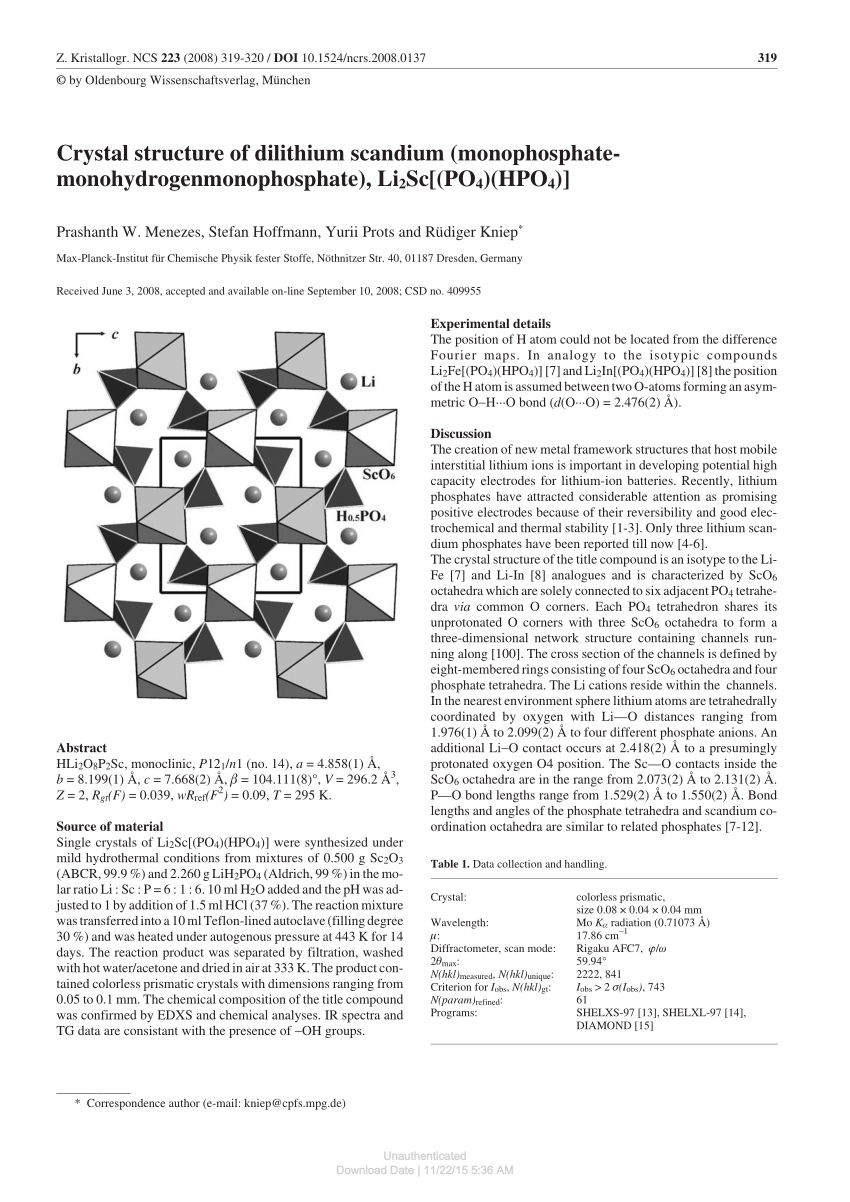 Pdf Crystal Structure Of Dilithium Scandium Monophosphatemonohydrogenmonophosphate Li2sc Po4 Hpo4