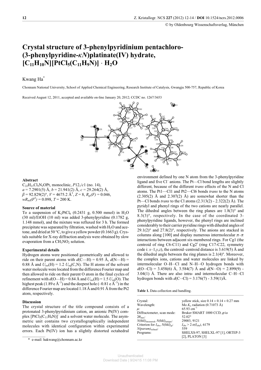 Pdf Crystal Structure Of 3 Phenylpyridinium Pentachloro 3 Phenylpyridine Kn Platinate Iv Hydrate C11h10n Ptcl5 C11h9n H2o