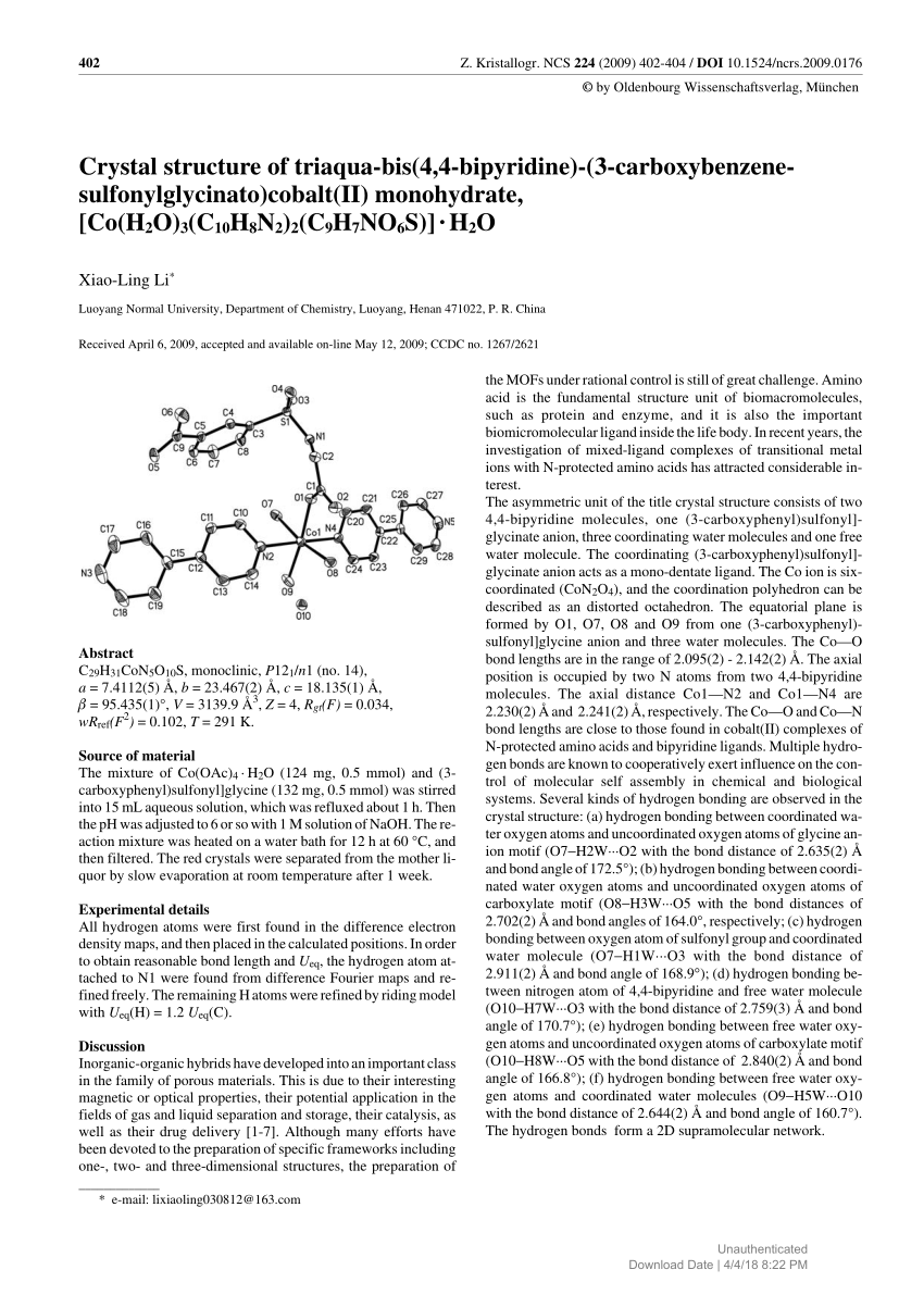 Pdf Crystal Structure Of Triaqua Bis 4 4 Bipyridine 3 Carboxybenzenesulfonylglycinato Cobalt Ii Monohydrate Co H2o 3 C10h8n2 2 C9h7no6s H2o
