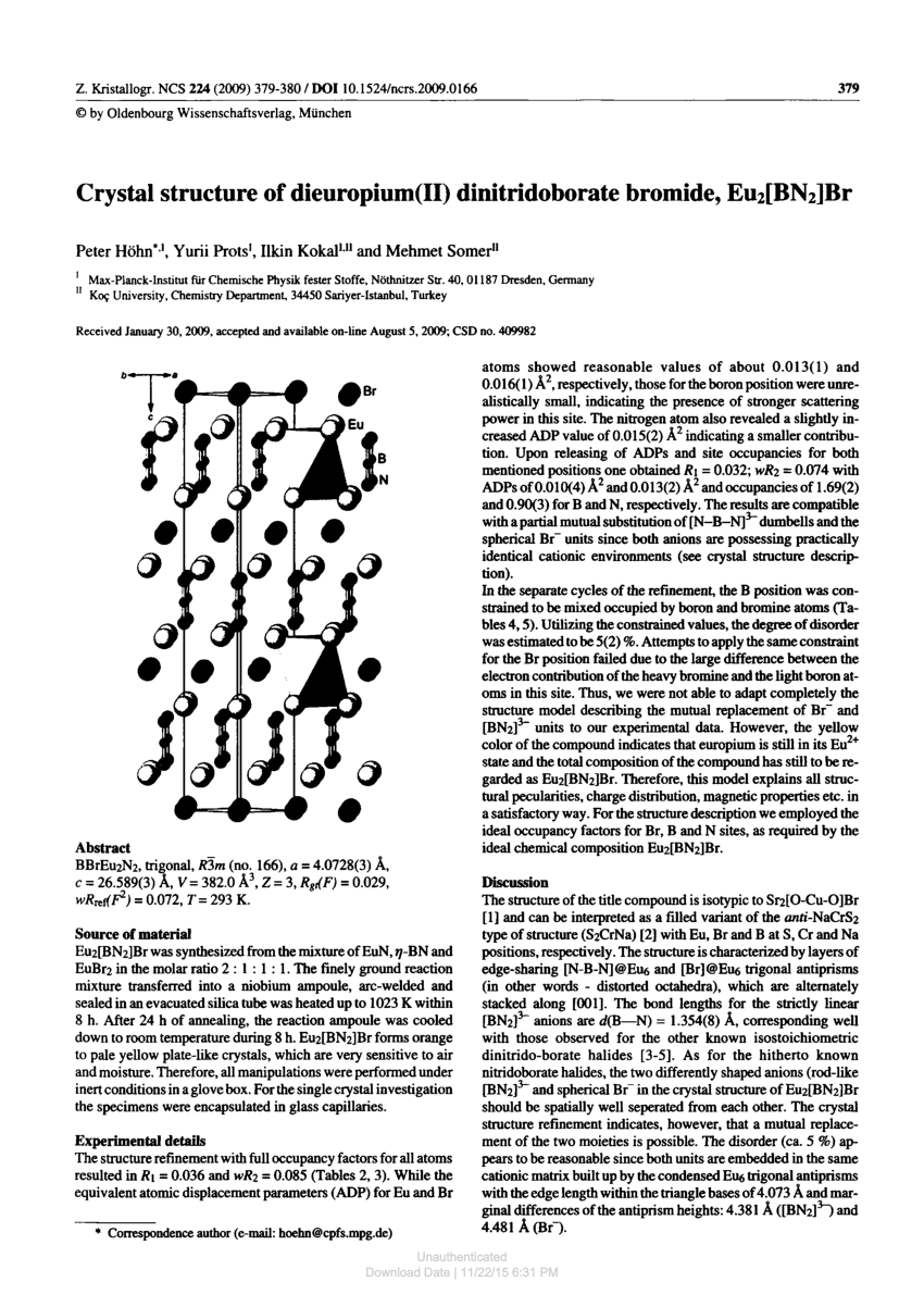 Pdf Crystal Structure Of Dieuropium Ii Dinitridoborate Bromide Eu2 Bn2 Br