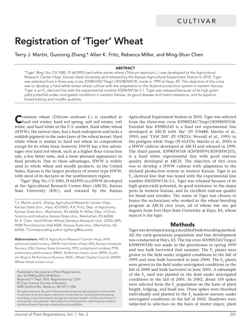 Pdf Registration Of Tiger Wheat
