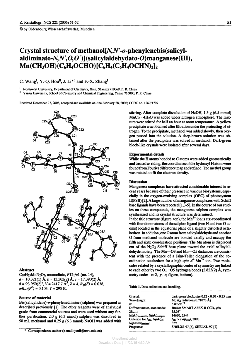 Pdf Crystal Structure Of Methanol N N O Phenylenebis Salicylaldiminato N N O O Salicylaldehydato O Manganese Iii Mn Ch30h C6h4och0 C6h4 C6h4ochn 2 2