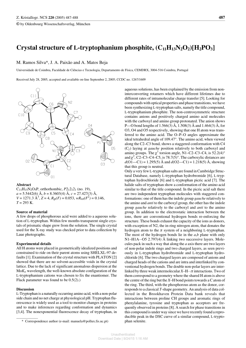 Pdf Crystal Structure Of L Tryptophaniumphosphite C11h13n2o2 H2po3