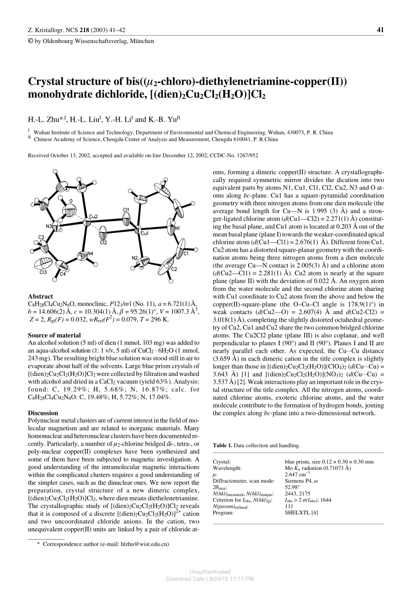 Pdf Crystal Structure Of Bis M2 Chloro Diethylenetriamine Copper Ii Monohydrate Dichloride Dien 2cu2cl2 H2o Cl2