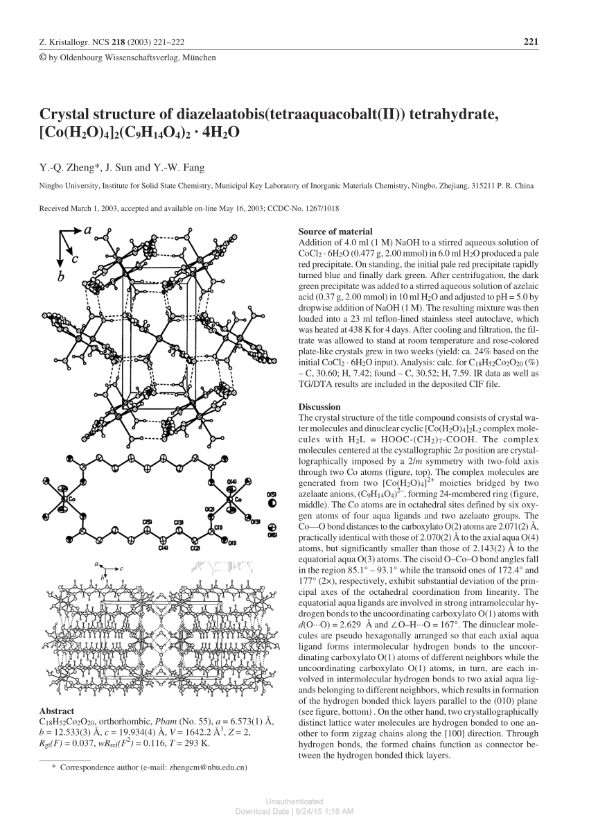 Pdf Crystal Structure Of Diazelaatobis Tetraaquacobalt Ii Tetrahydrate Co H2o 4 2 C9h14o4 2 4h2o