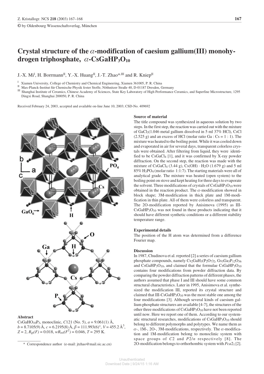 Pdf Crystal Structure Of The Im Modification Of Caesium Gallium Iii Monohy Drogen Triphosphate Im Csgahp3o10