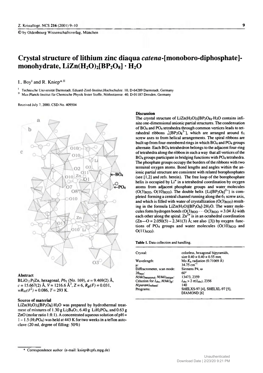 Pdf Crystal Structure Of Lithium Zinc Diaqua Catena Monoboro Diphosphate Monohydrate Lizn H2o 2 Bp2o8 H2o