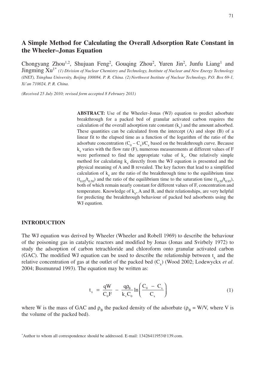 Pdf A Simple Method For Calculating The Overall Adsorption Rate Constant In The Wheeler Jonas Equation