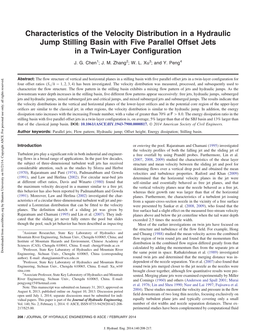 Pdf Characteristics Of The Velocity Distribution In A Hydraulic Jump Stilling Basin With Five Parallel Offset Jets In A Twin Layer Configuration