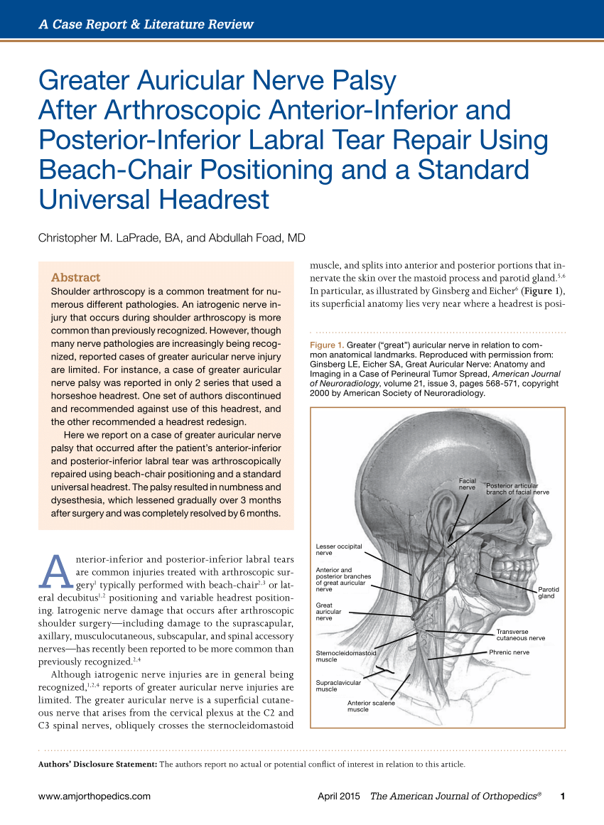 Pdf Greater Auricular Nerve Palsy After Arthroscopic Anterior