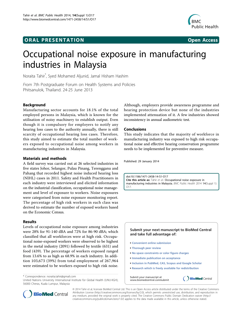 (PDF) Occupational noise exposure in manufacturing ...