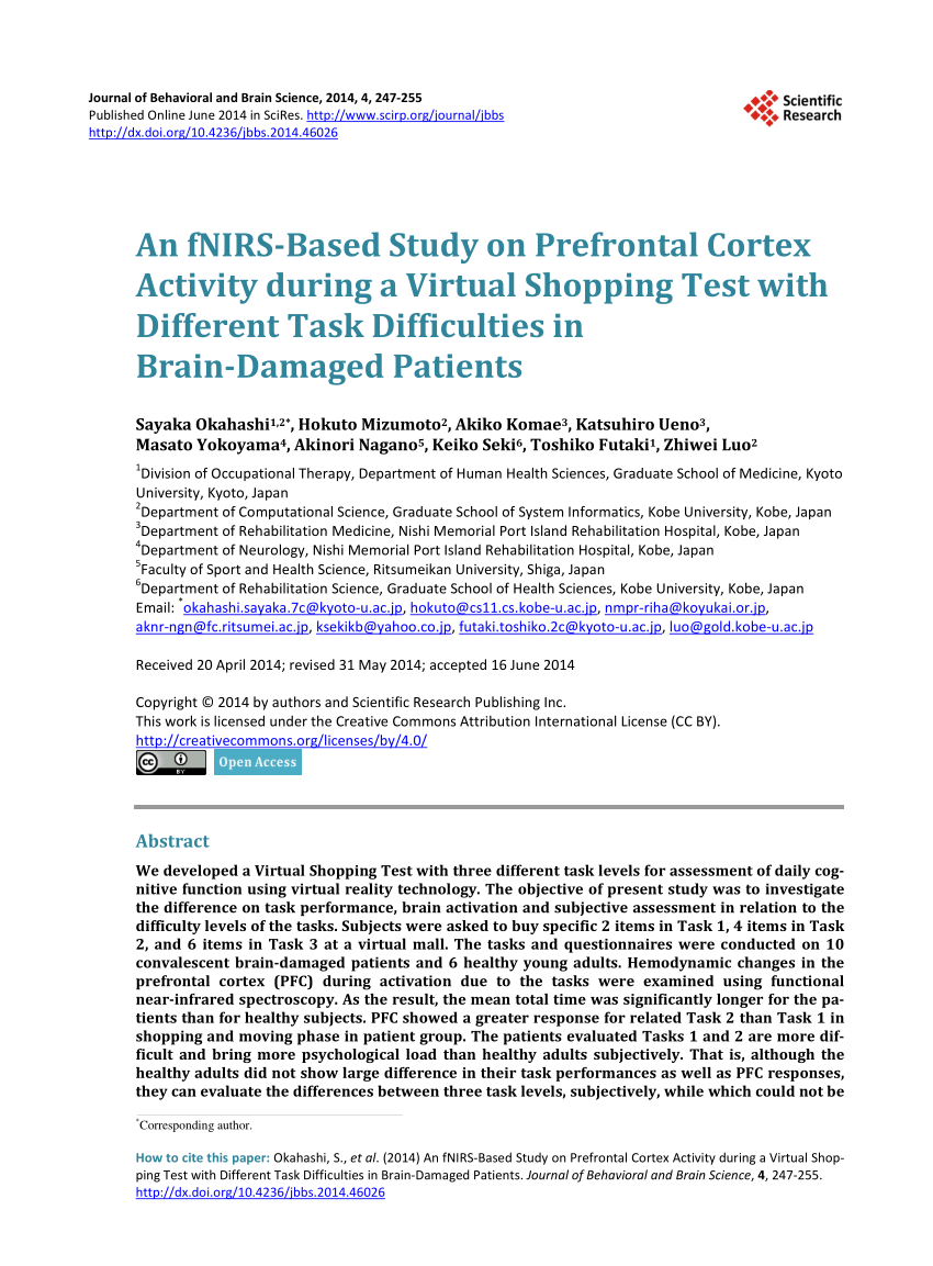 Pdf An Fnirs Based Study On Prefrontal Cortex Activity During A Virtual Shopping Test With Different Task Difficulties In Brain Damaged Patients