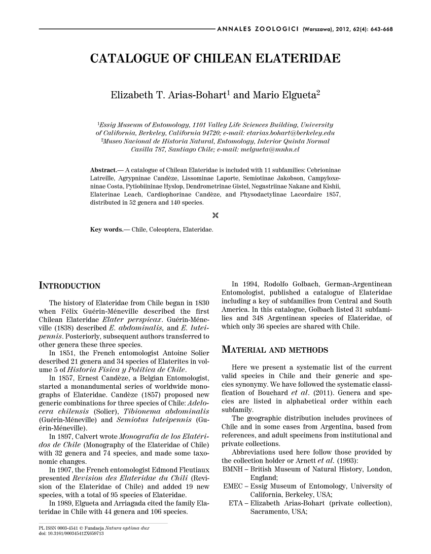 Pdf Catalogue Of Chilean Elateridae