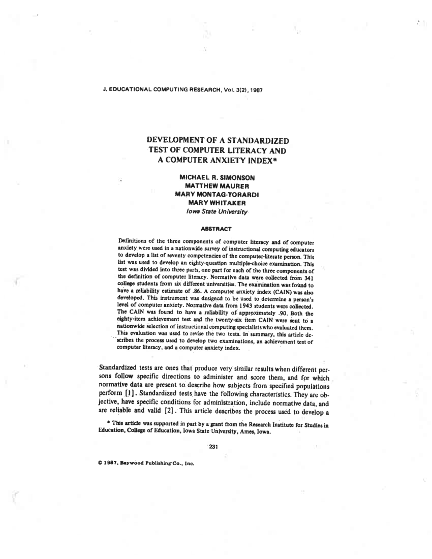 (PDF) Development of a Standardized Test of Computer Literacy and a ...