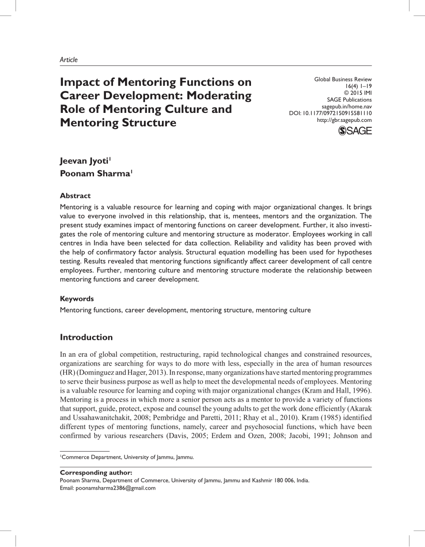 Pdf Impact Of Mentoring Functions On Career Development Moderating Role Of Mentoring Culture And Mentoring Structure
