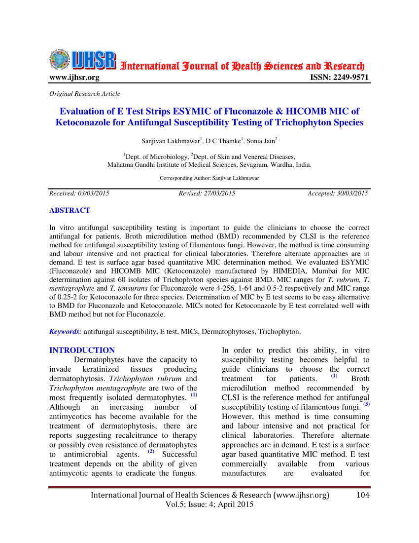 Pdf Evaluation Of E Test Strips Esymic Of Fluconazole And Hicomb Mic Of Ketoconazole For 