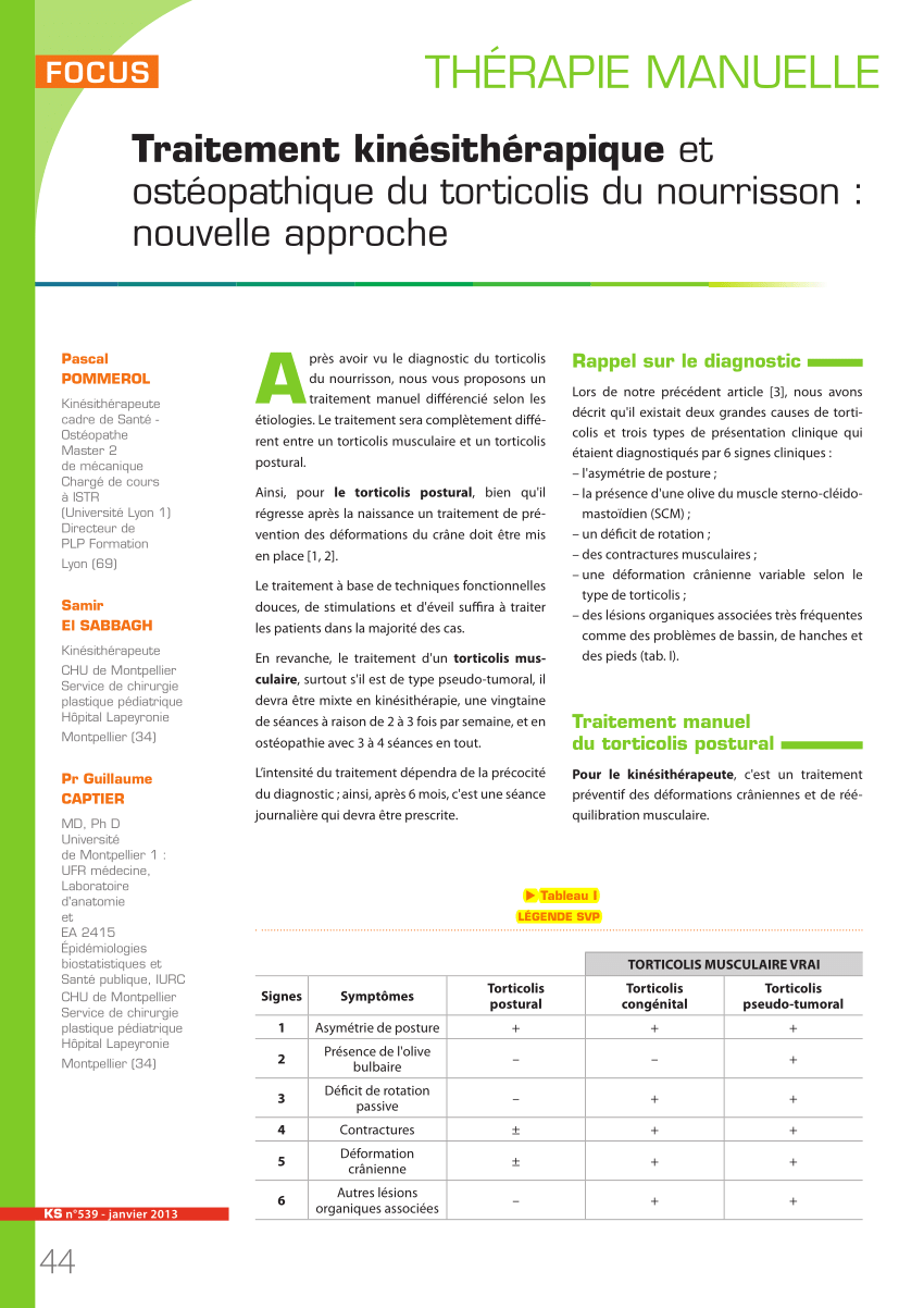 Pdf Traitement Kinesitherapique Du Torticolis Du Nourrisson Nouvelle Approche Ks539 Janvier 13 P44