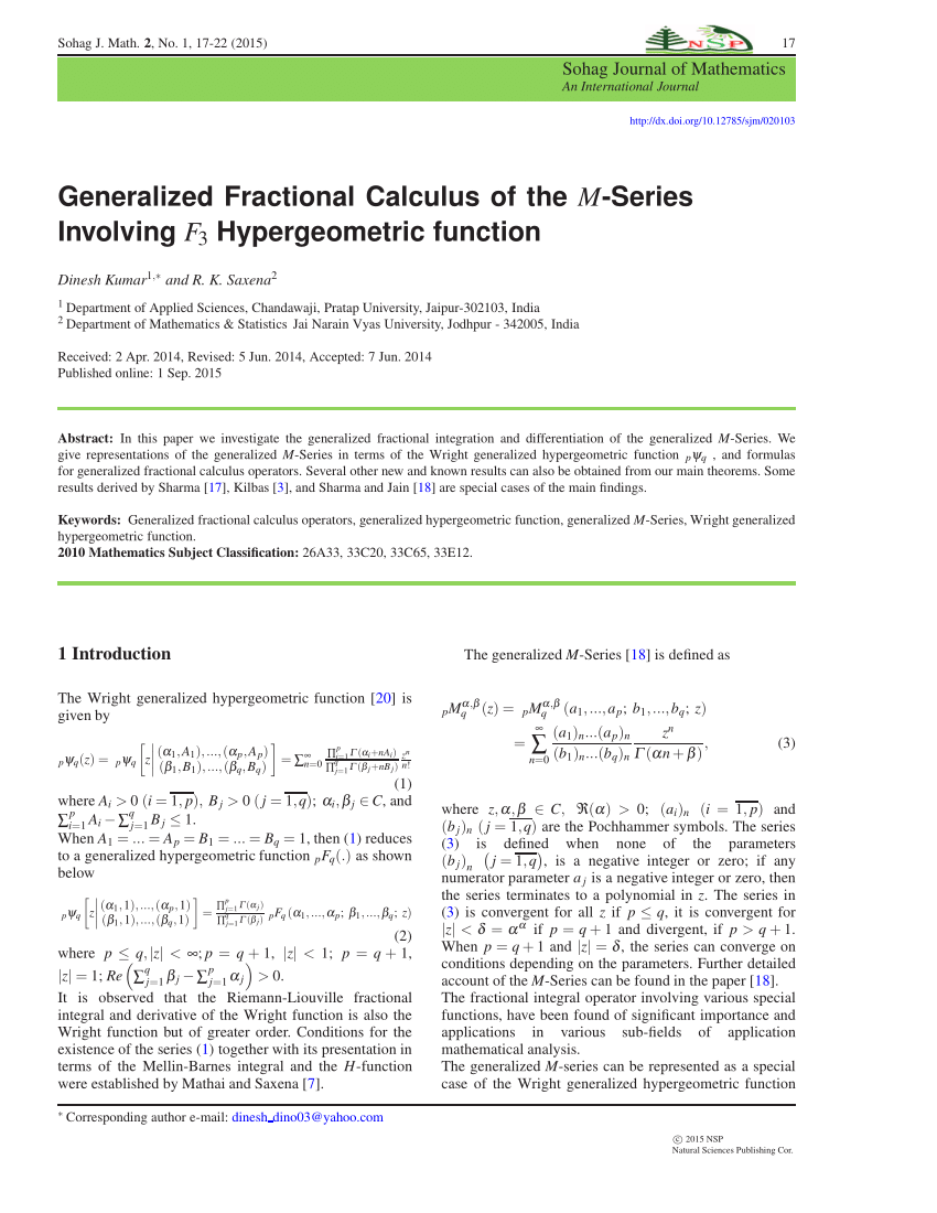 Pdf Generalized Fractional Calculus Of The M Series Involving F 3 Hypergeometric Function