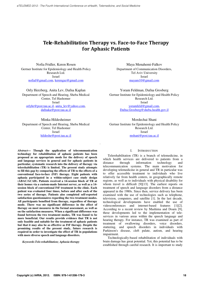 Pdf Tele Rehabilitation Therapy Vs Face To Face Therapy For Aphasic Patients