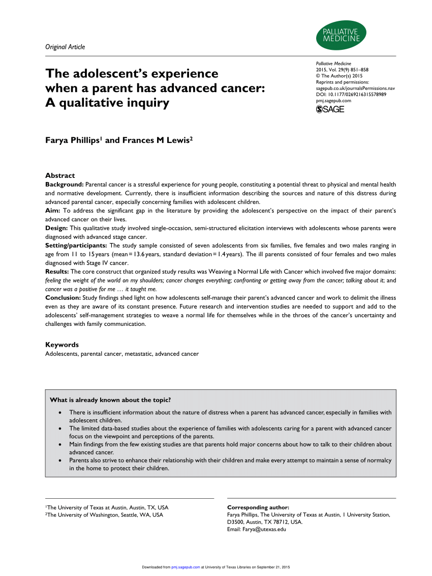 Pdf The Adolescent S Experience When A Parent Has Advanced Cancer