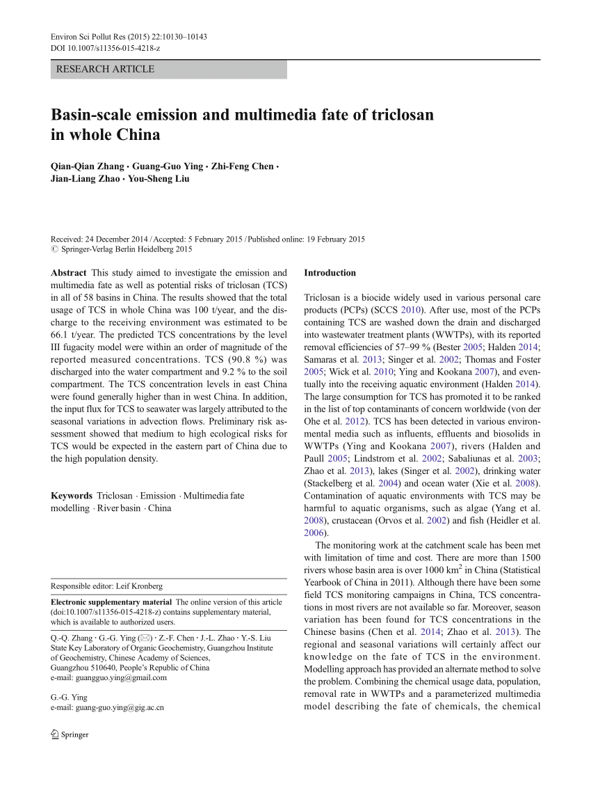 Pdf Basin Scale Emission And Multimedia Fate Of Triclosan In Whole China
