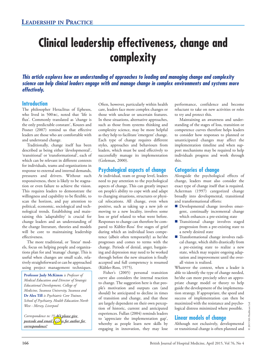 (PDF) Clinical leadership effectiveness change and complexity