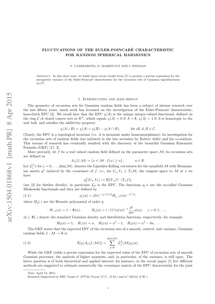 Pdf Fluctuations Of The Euler Poincar E Characteristic For Random Spherical Harmonics