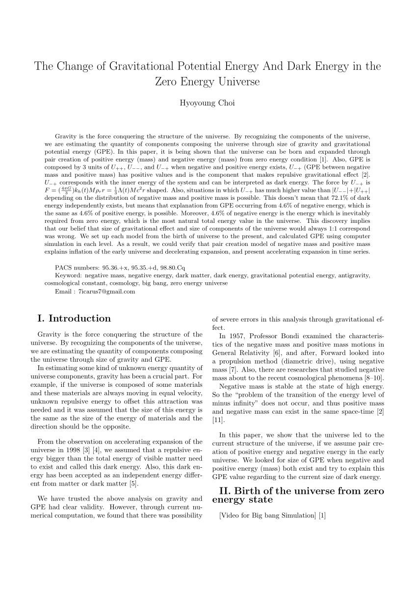Pdf The Change Of Gravitational Potential Energy And Dark Energy In The Zero Energy Universe