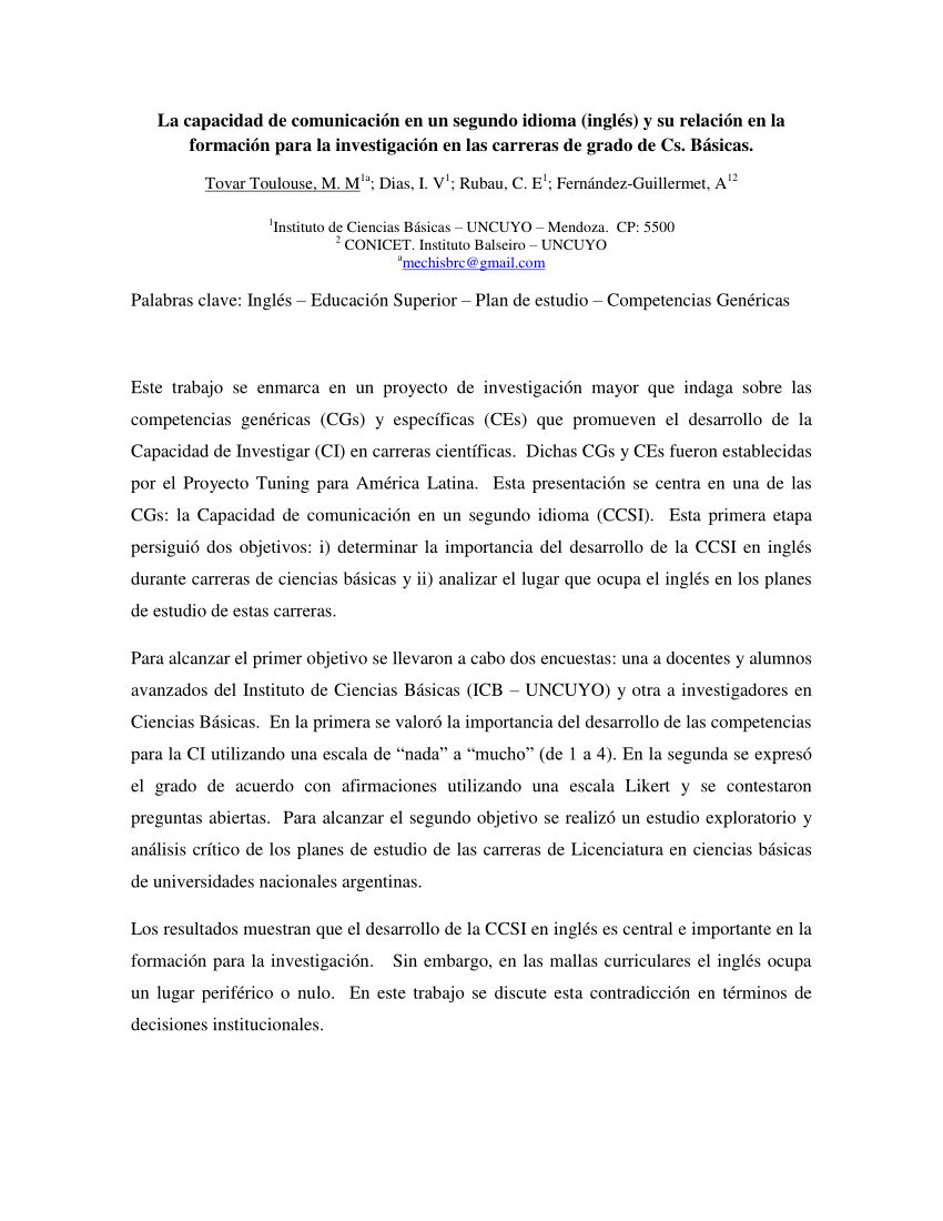 Pdf La Capacidad De Comunicacion En Un Segundo Idioma Ingles Y Su Relacion En La Formacion Para La Investigacion En Las Carreras De Grado De Cs Basicas