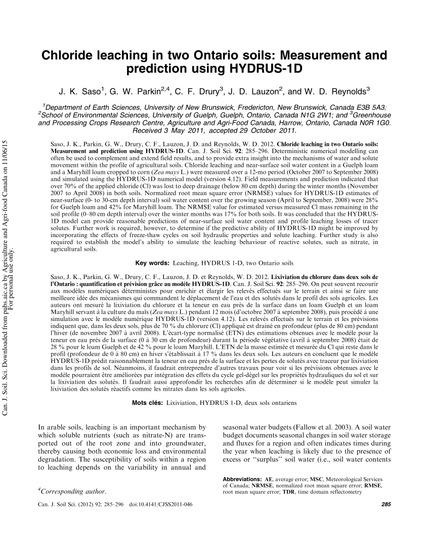 Pdf Chloride Leaching In Two Ontario Soils Measurement And Prediction Using Hydrus 1d