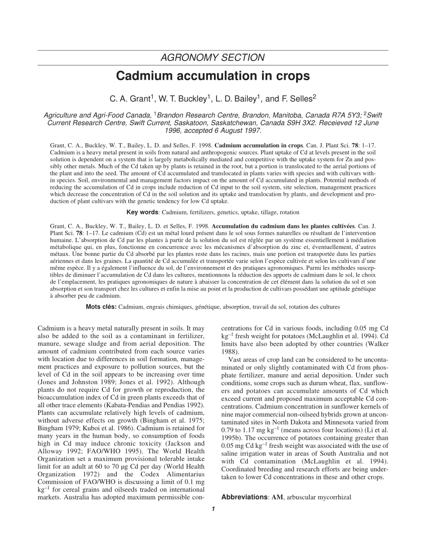 Pdf Cadmium Accumulation In Crops