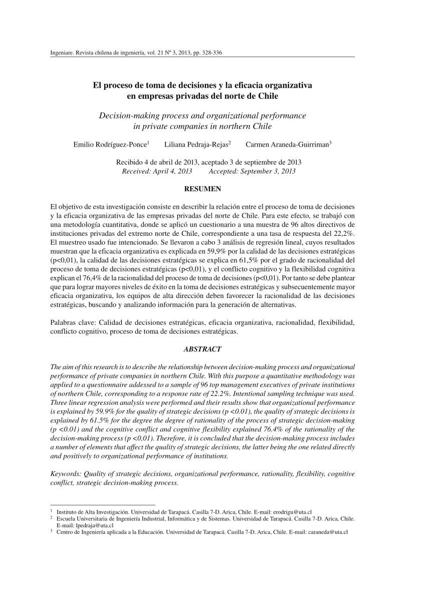 Pdf El Proceso De Toma De Decisiones Y La Eficacia Organizativa En Empresas Privadas Del Norte De Chile
