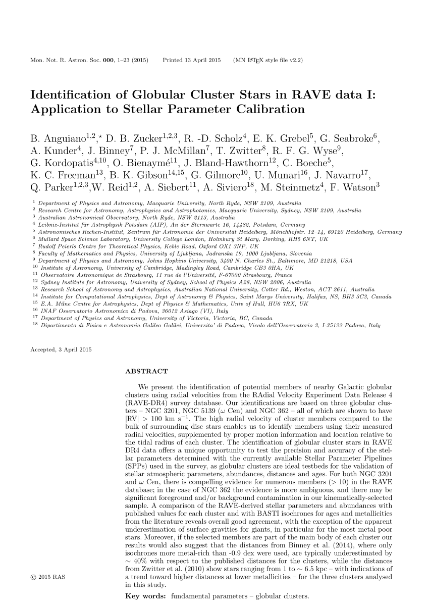 Pdf Identification Of Globular Cluster Stars In Rave Data I Application To Stellar Parameter Calibration