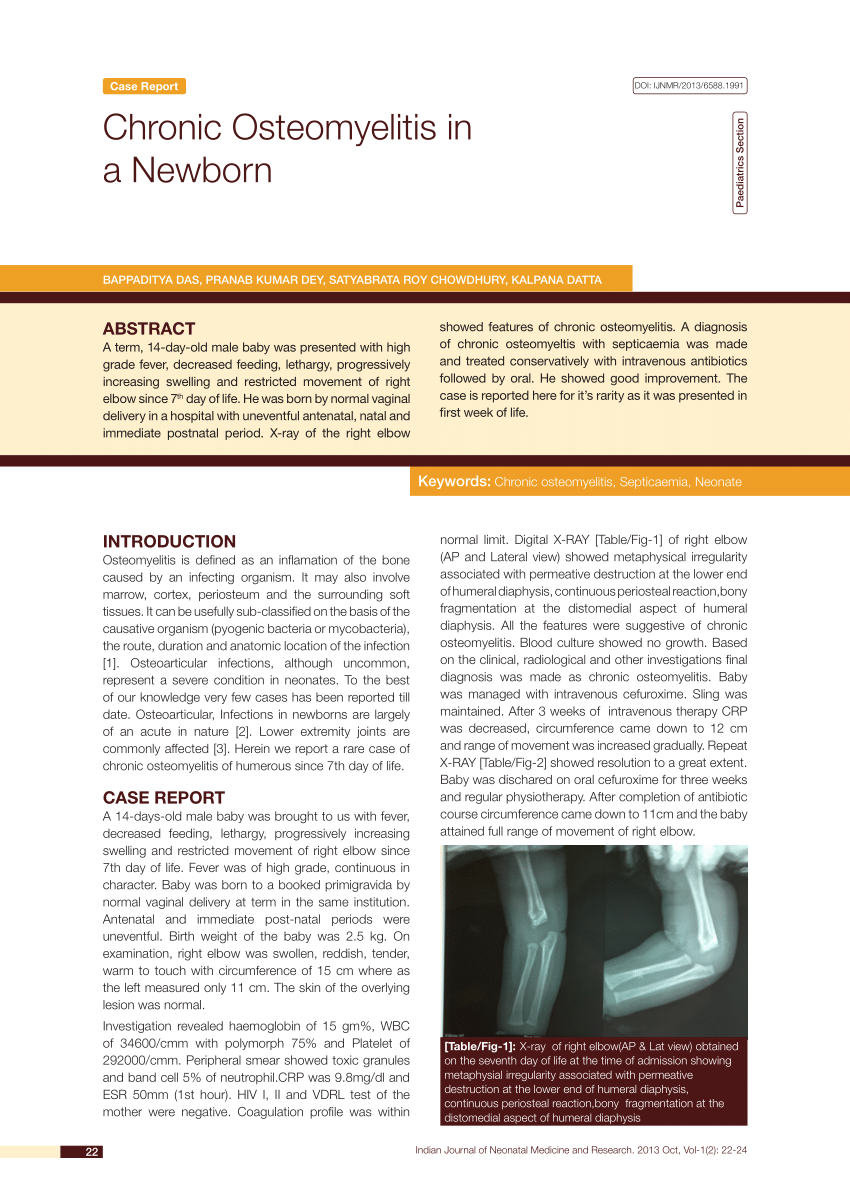 Pdf Chronic Osteomyelitis In A Newborn