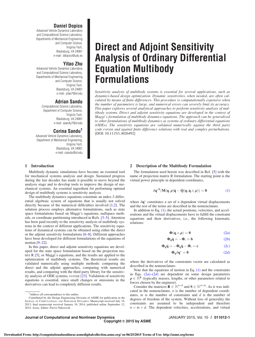 Pdf Direct And Adjoint Sensitivity Analysis Of Ordinary Differential Equation Multibody Formulations