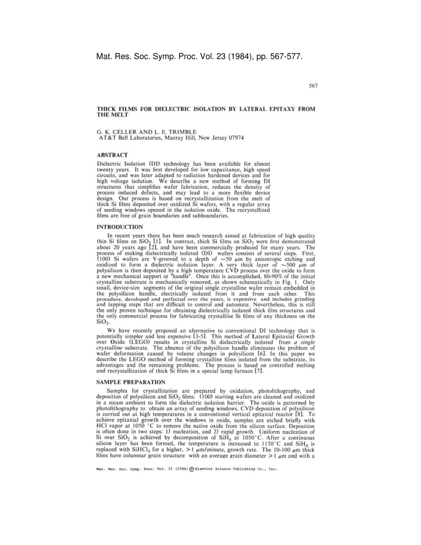 Pdf Thick Films For Dielectric Isolation By Lateral Epitaxy From