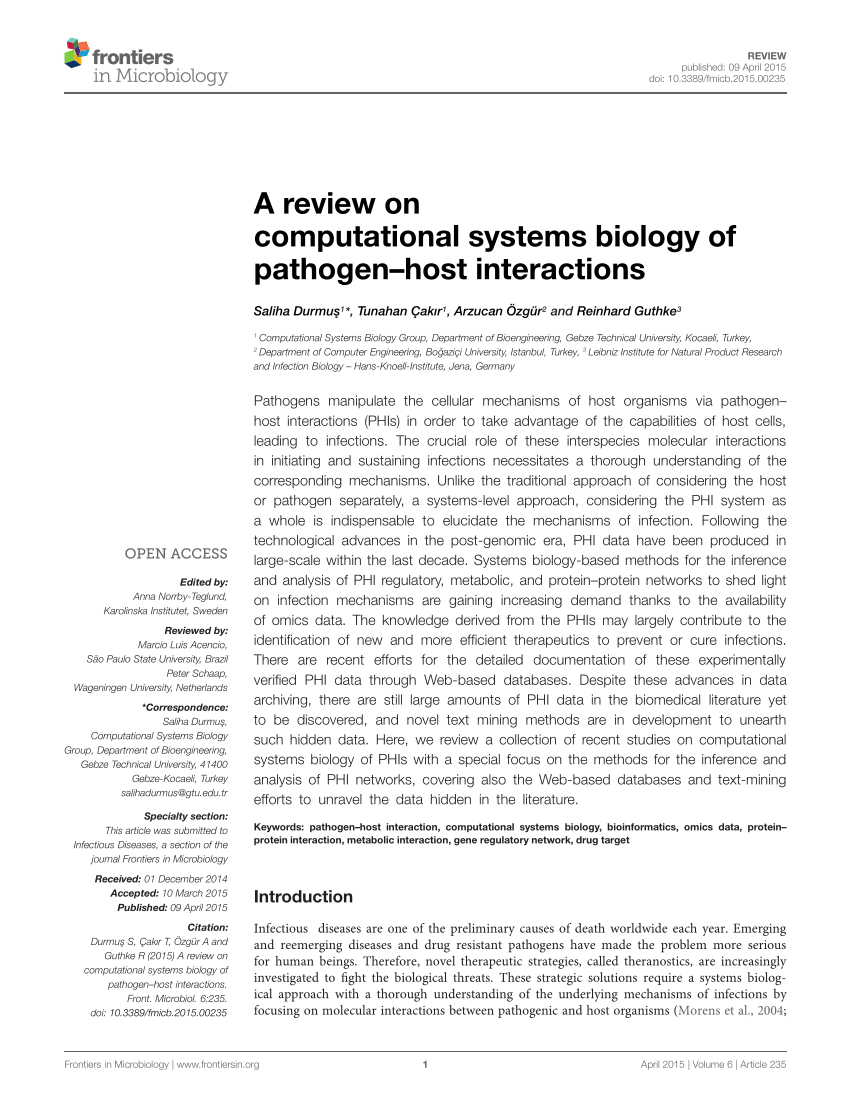 Pdf A Review On Computational Systems Biology Ofpathogen Host