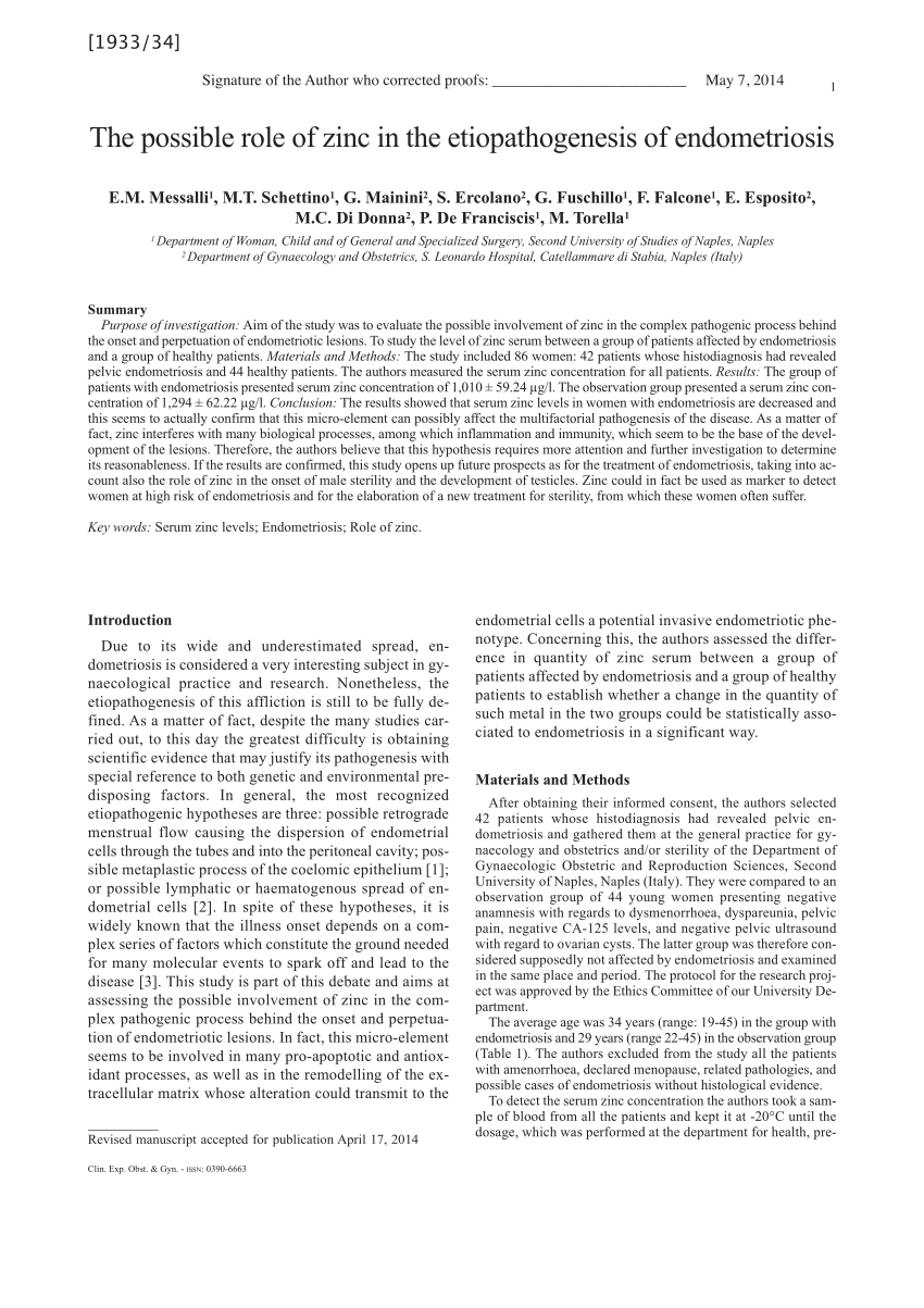 Pdf The Possible Role Of Zinc In The Etiopathogenesis Of Endometriosis