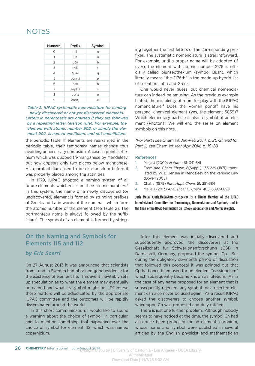 Pdf On The Naming And Symbols For Elements 115 And 112