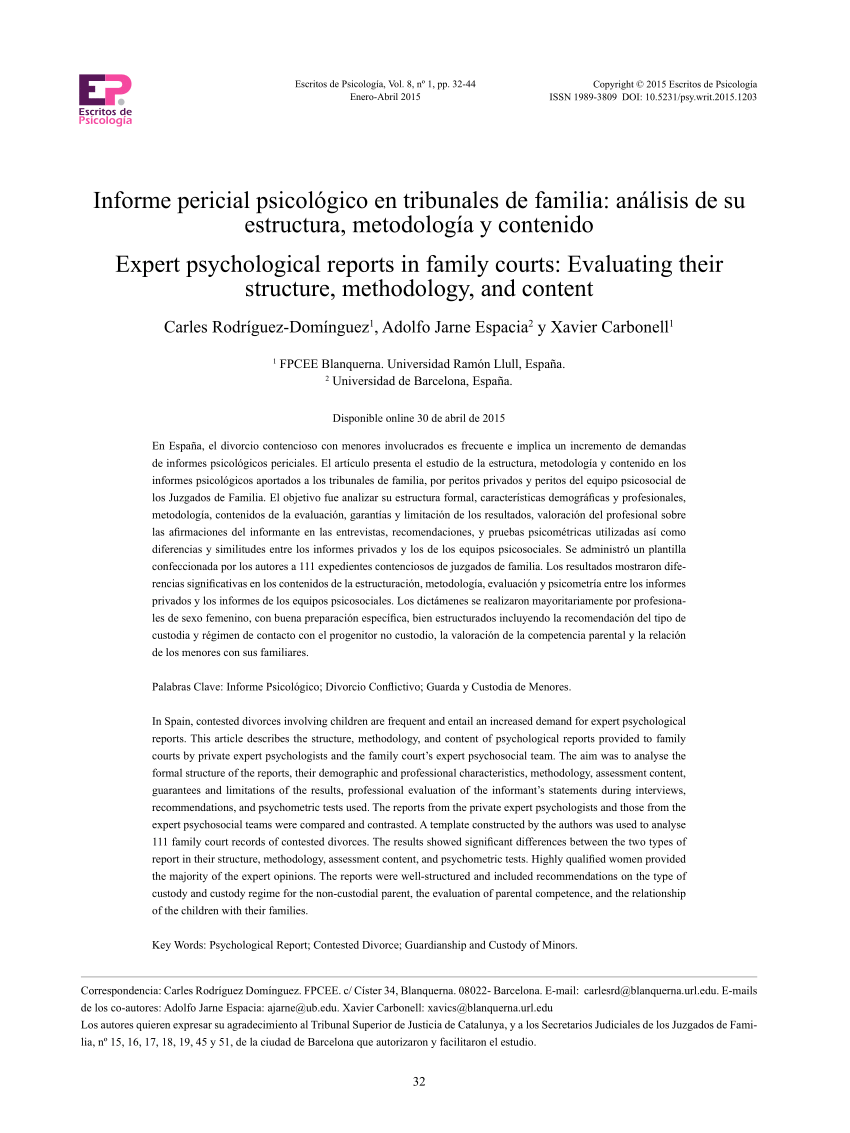 PDF) Informe pericial psicológico en tribunales de familia: análisis de su  estructura, metodología y contenido