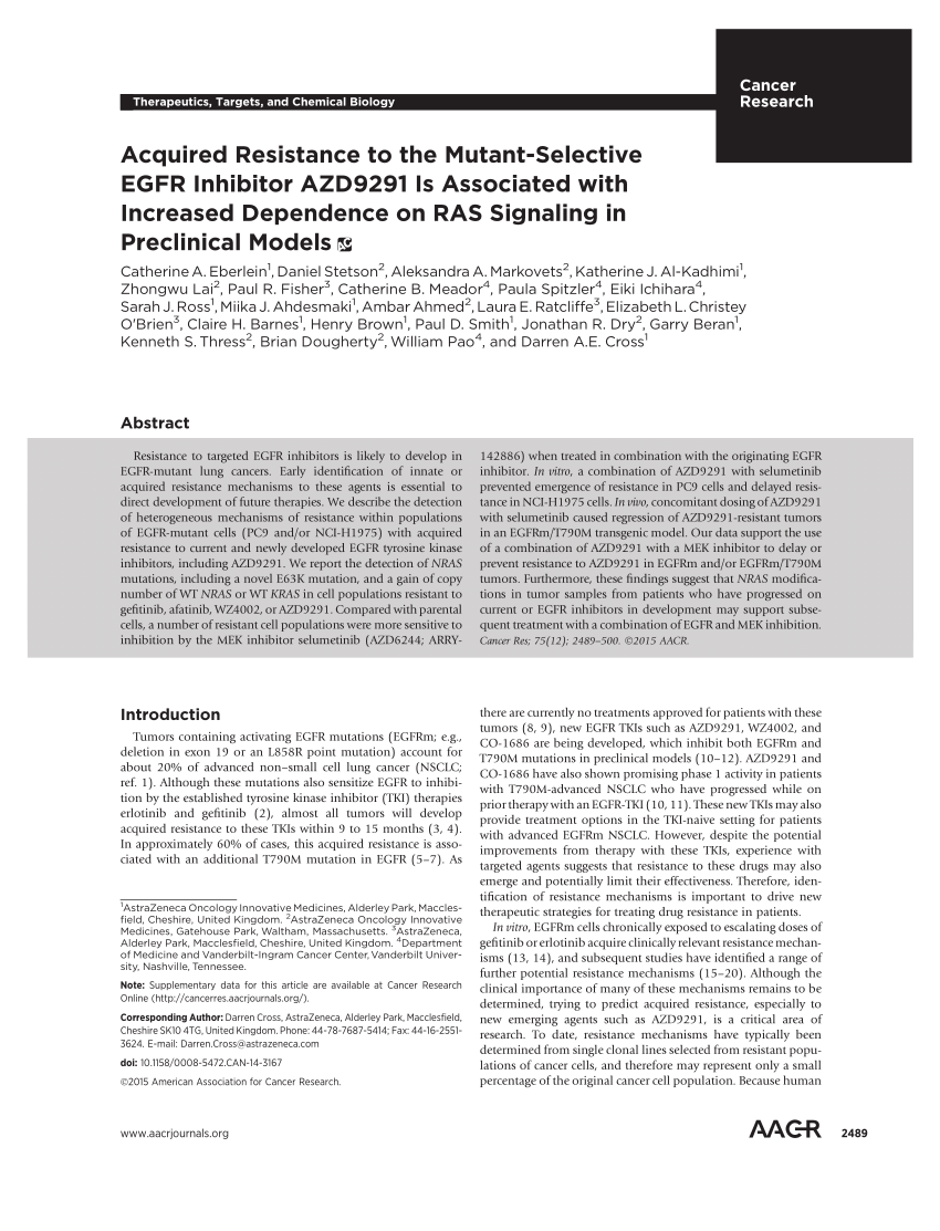 Discovery of a Potent and Selective EGFR Inhibitor (AZD9291) of Both  Sensitizing and T790M Resistance Mutations That Spares the Wild Type Form  of the Receptor