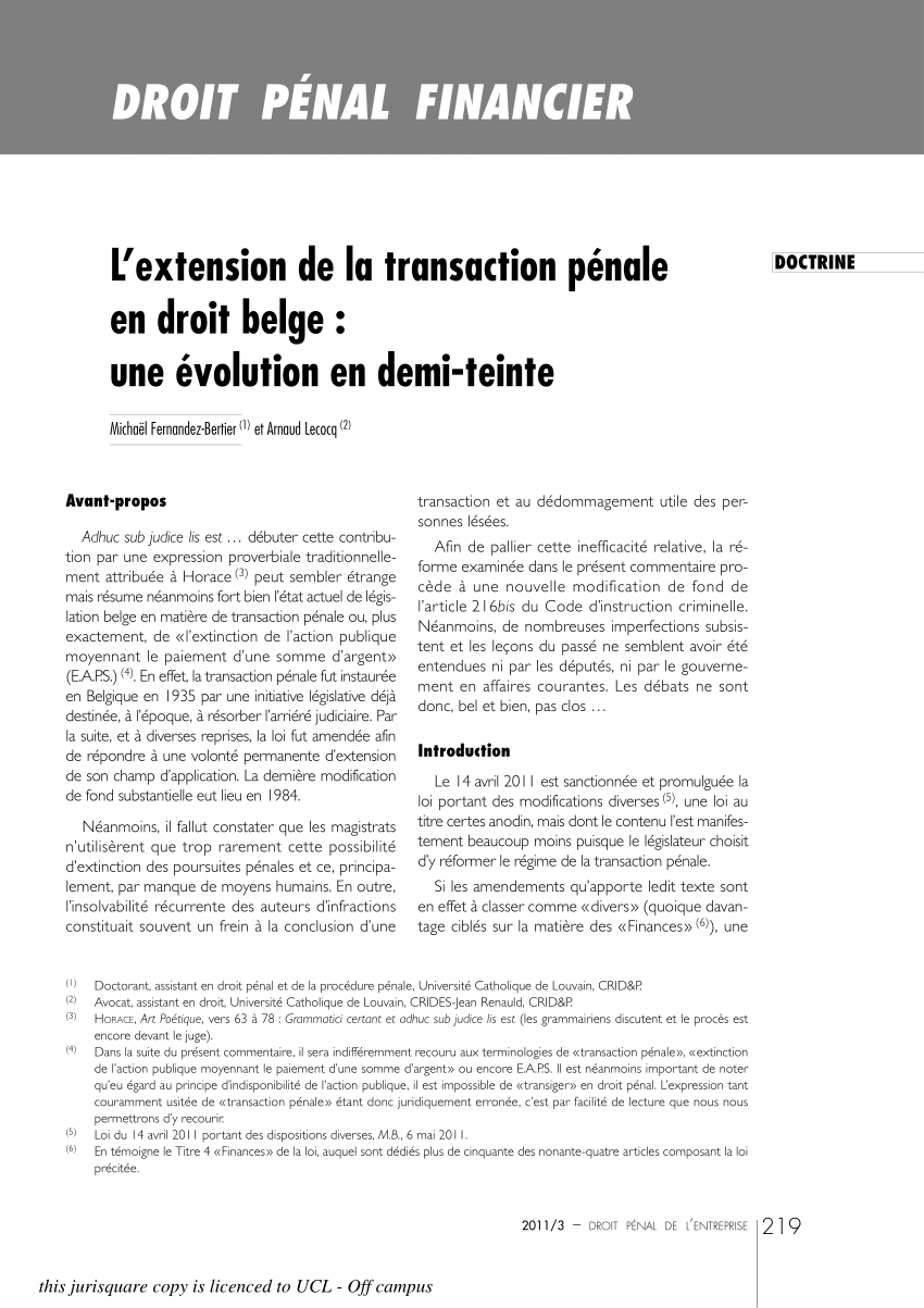 Pdf L Extension De La Transaction Penale En Droit Belge Une Evolution En Demiteinte